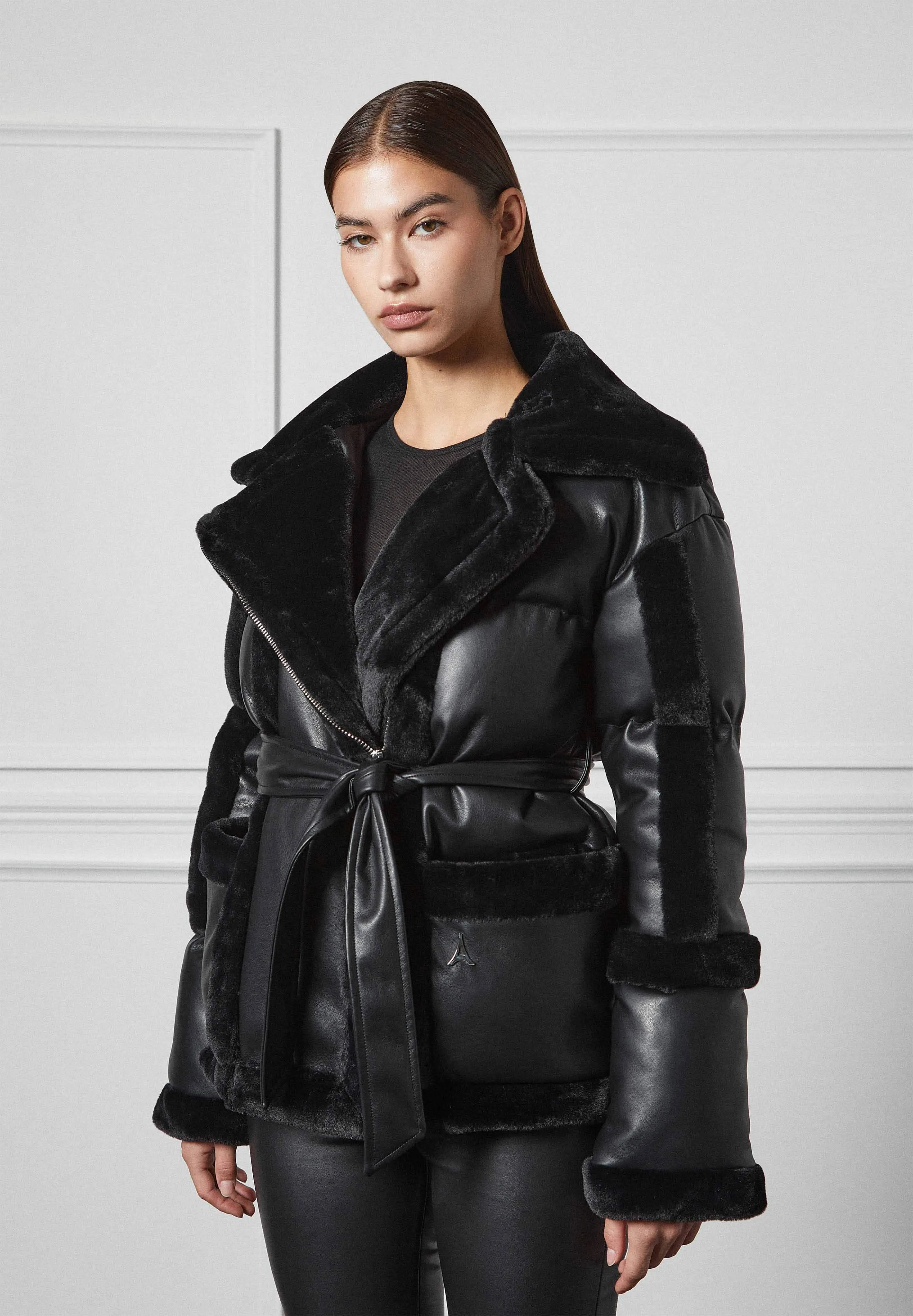 Leather and Plush Puffer Biker Jacket - Black