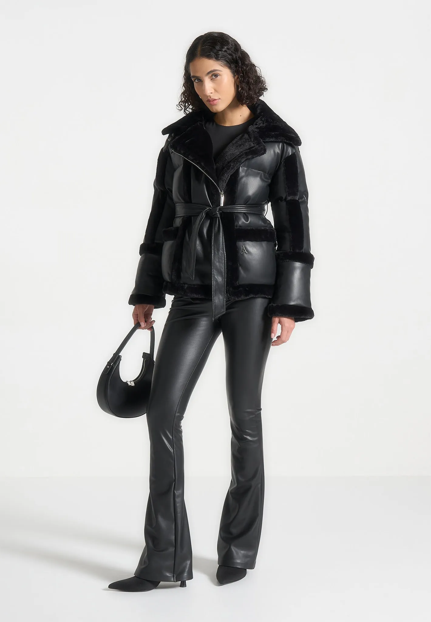 Leather and Plush Puffer Biker Jacket - Black