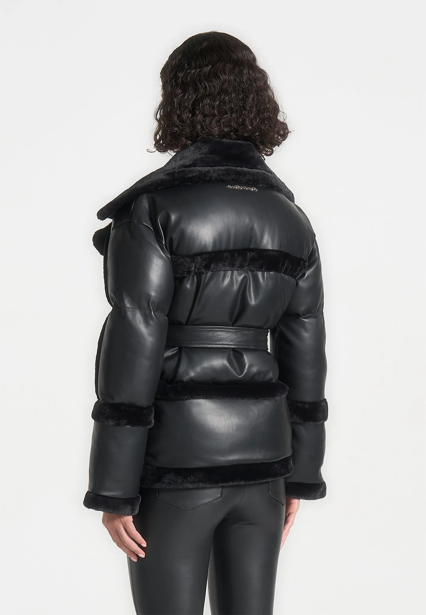 Leather and Plush Puffer Biker Jacket - Black
