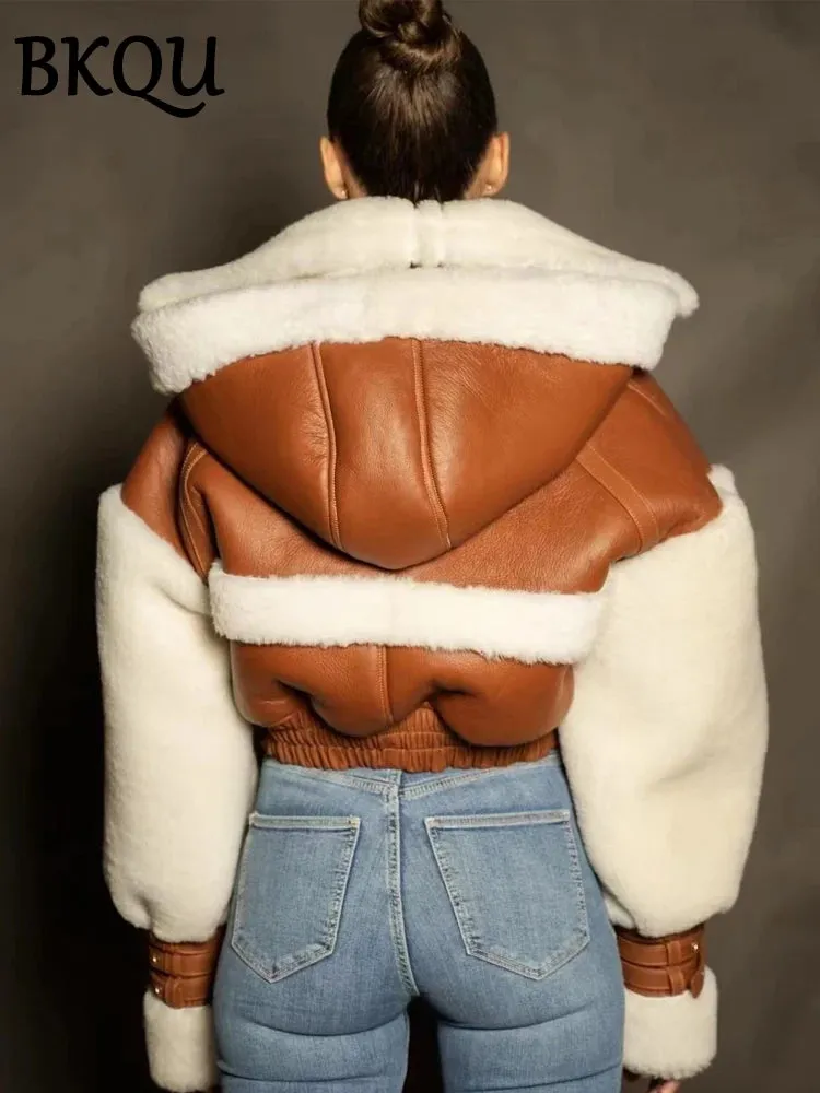 Leather Patchwork Lamb Wool Hooded Jacket Women Thick Warm Crop Coats