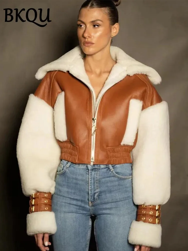 Leather Patchwork Lamb Wool Hooded Jacket Women Thick Warm Crop Coats