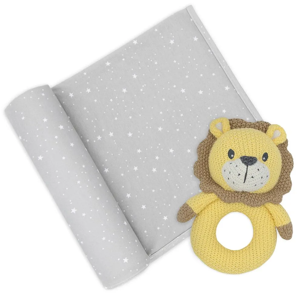 Lion Stars 2 Piece Jersey Cotton Swaddle & Rattle Gift Set