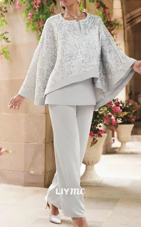 M1025 - Jumpsuit  Pantsuit 3 Piece Mother of the Bride Dress Floor Length Chiffon Lace Sequined Long Sleeve with Sequin
