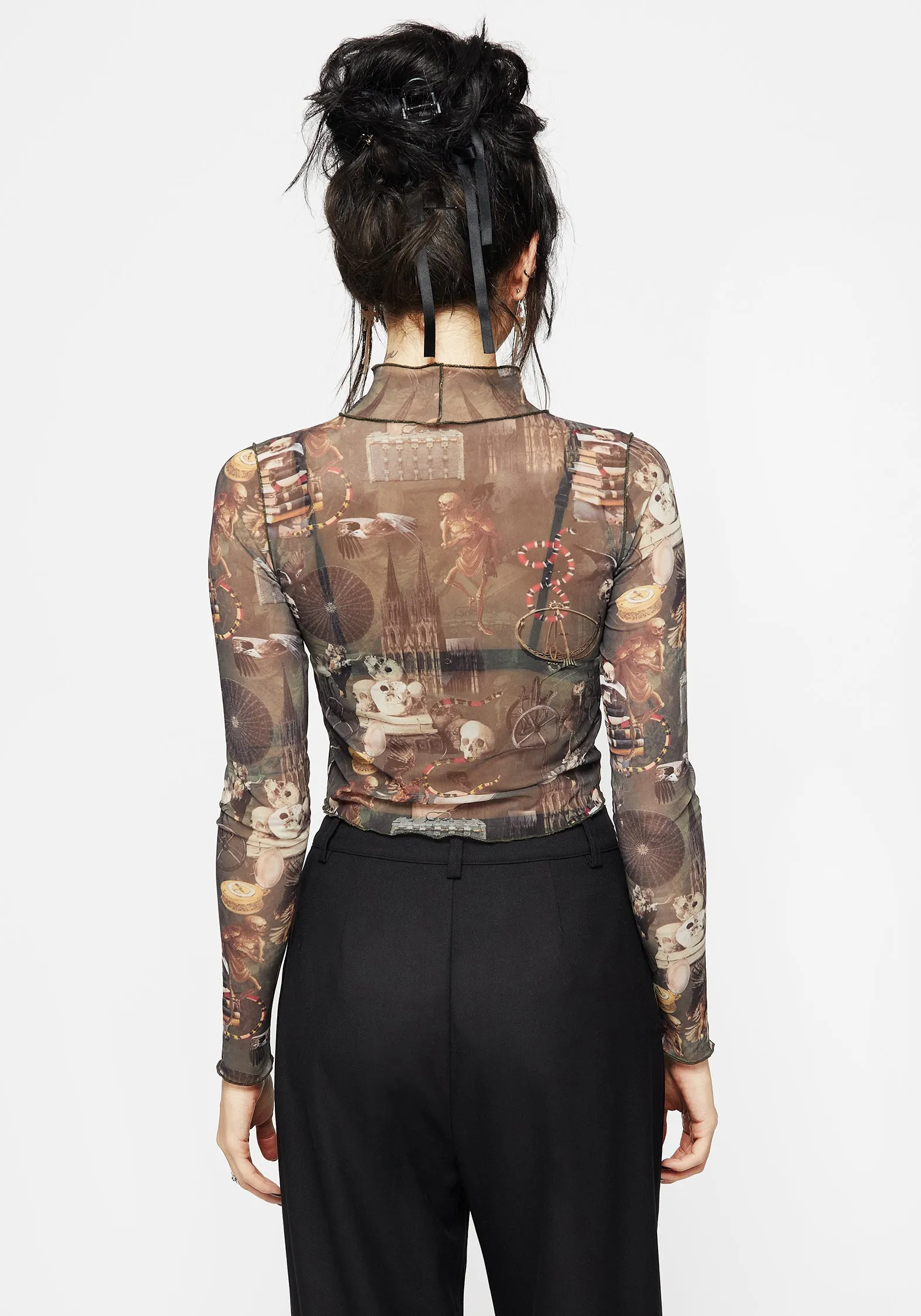Maleficium Printed Mesh Roll Neck Top