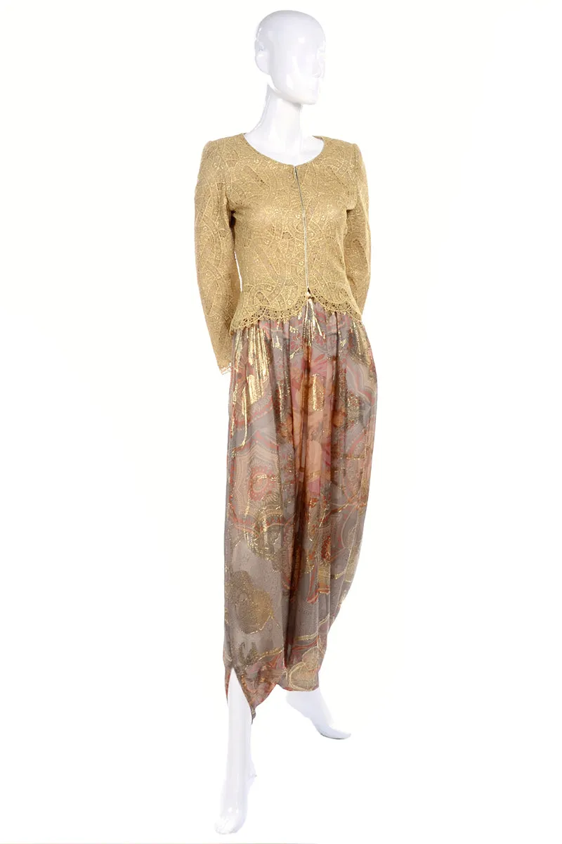 Mary McFadden Couture Gold Lame Print Harem Pants & Gold Lace Top