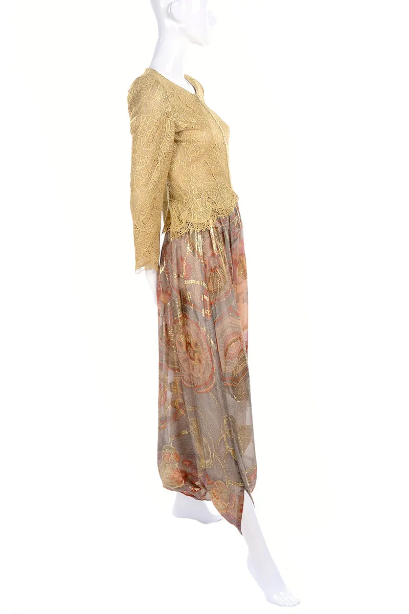 Mary McFadden Couture Gold Lame Print Harem Pants & Gold Lace Top