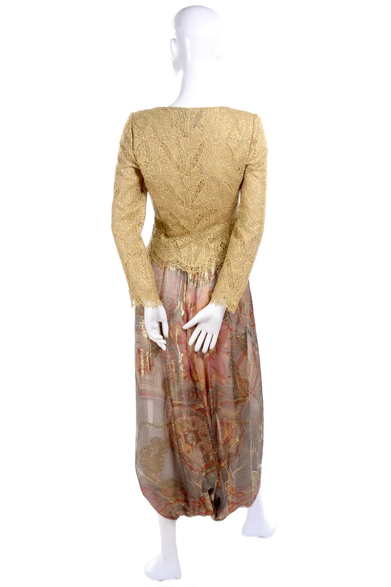Mary McFadden Couture Gold Lame Print Harem Pants & Gold Lace Top