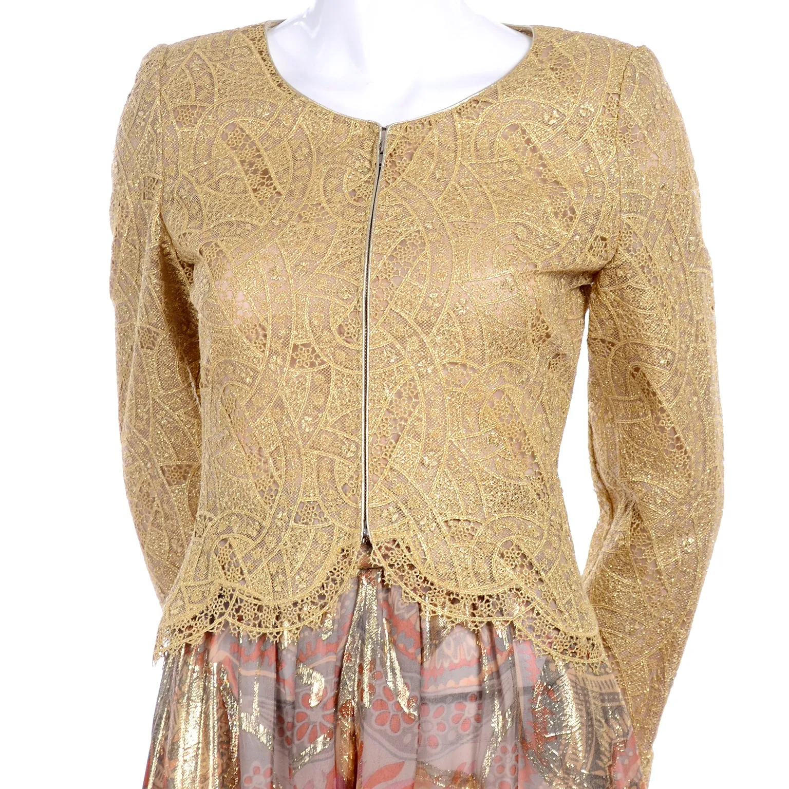 Mary McFadden Couture Gold Lame Print Harem Pants & Gold Lace Top