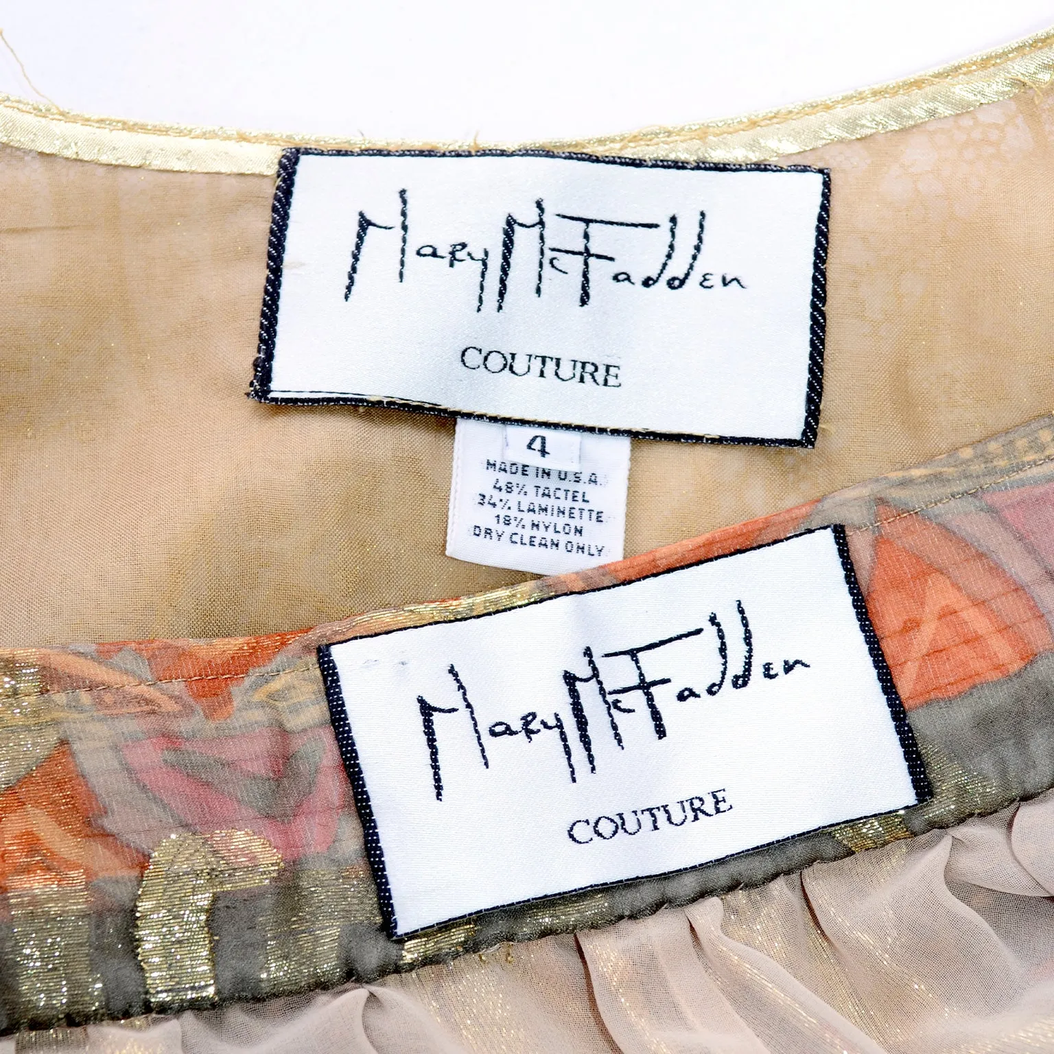 Mary McFadden Couture Gold Lame Print Harem Pants & Gold Lace Top