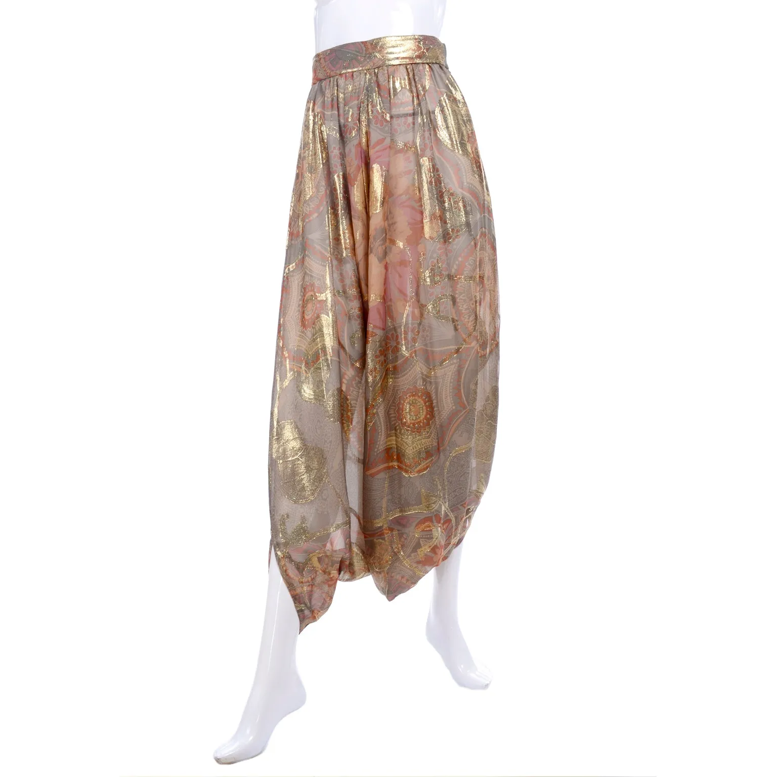 Mary McFadden Couture Gold Lame Print Harem Pants & Gold Lace Top