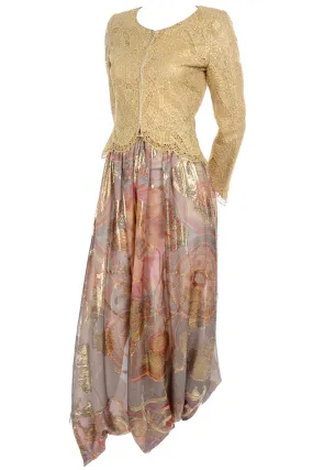 Mary McFadden Couture Gold Lame Print Harem Pants & Gold Lace Top