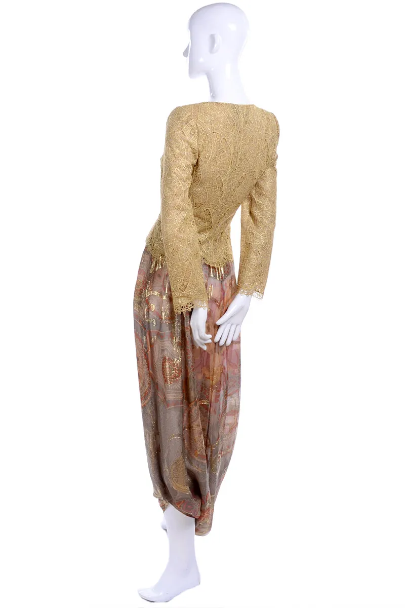 Mary McFadden Couture Gold Lame Print Harem Pants & Gold Lace Top
