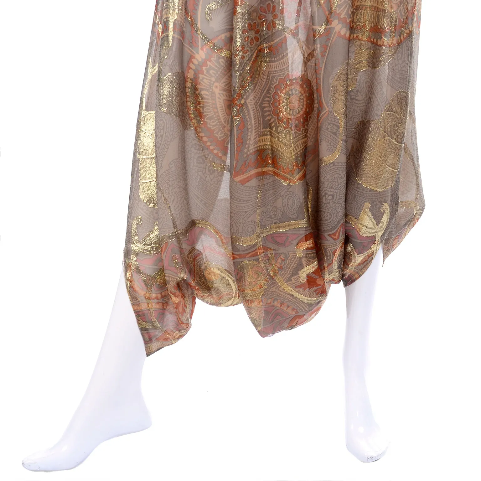 Mary McFadden Couture Gold Lame Print Harem Pants & Gold Lace Top