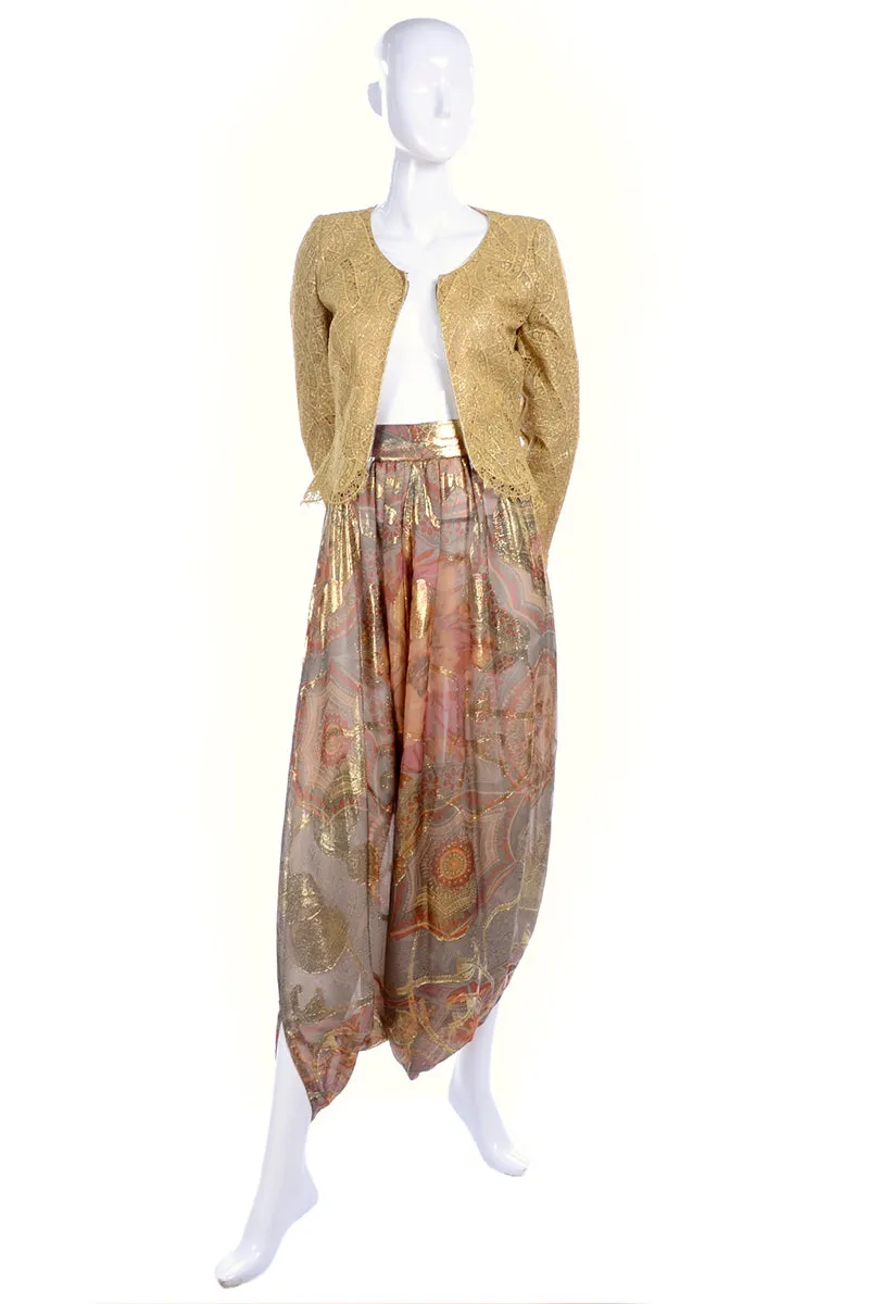 Mary McFadden Couture Gold Lame Print Harem Pants & Gold Lace Top