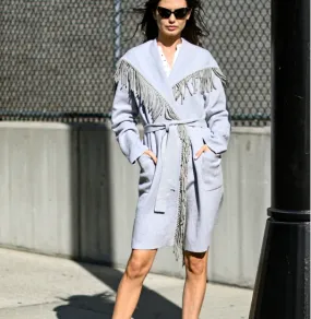 Max Long Jacket with Fringe Collar and Front Pockets