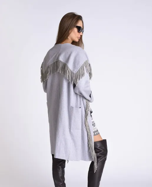 Max Long Jacket with Fringe Collar and Front Pockets