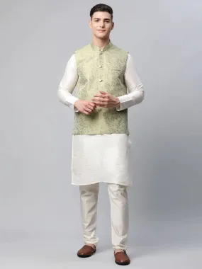 Men Dupion Silk Kurta Pyjama With Pista Green Printed Nehru Jacket