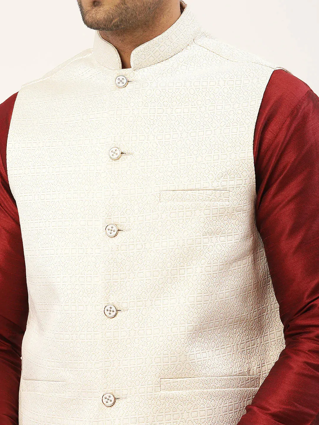Men'S Solid Kurta Pyjama With White Embroidered Nehru Jacket
