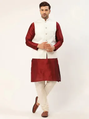 Men'S Solid Kurta Pyjama With White Embroidered Nehru Jacket