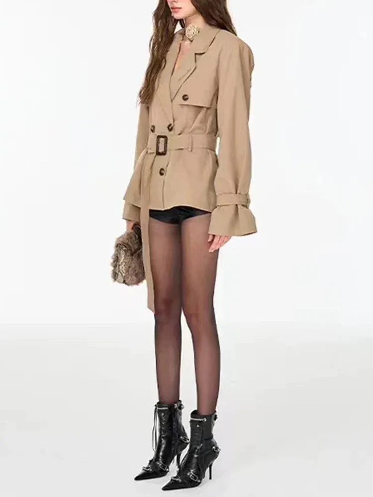 Metaversmall Solid Spliced Belt Casual Trench For Women Lapel Long Sleeve Patchwork Double Breasted Designer Coats Female New