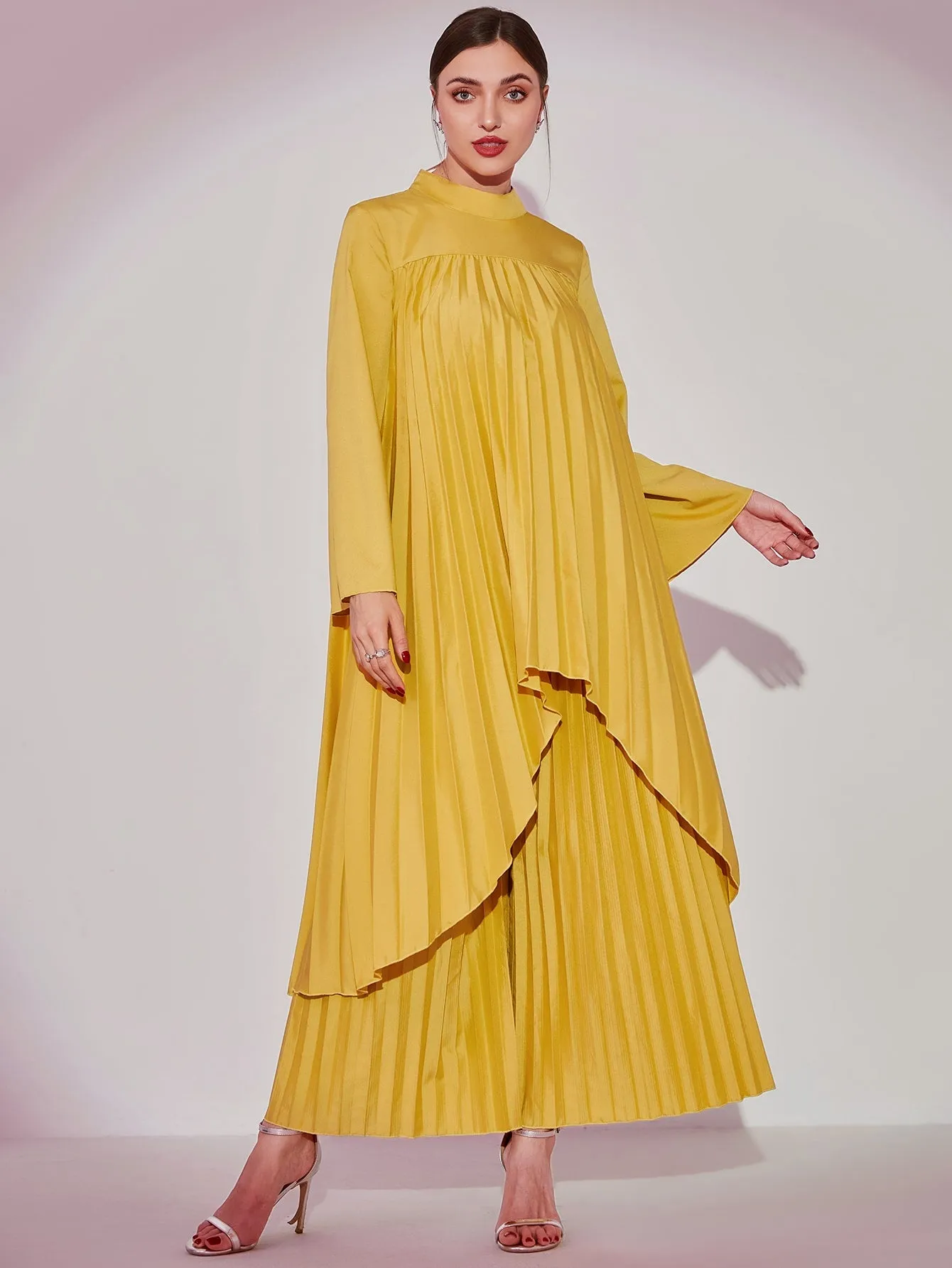 Mock Neck Asymmetrical Hem Top & Pleated Skirt Set