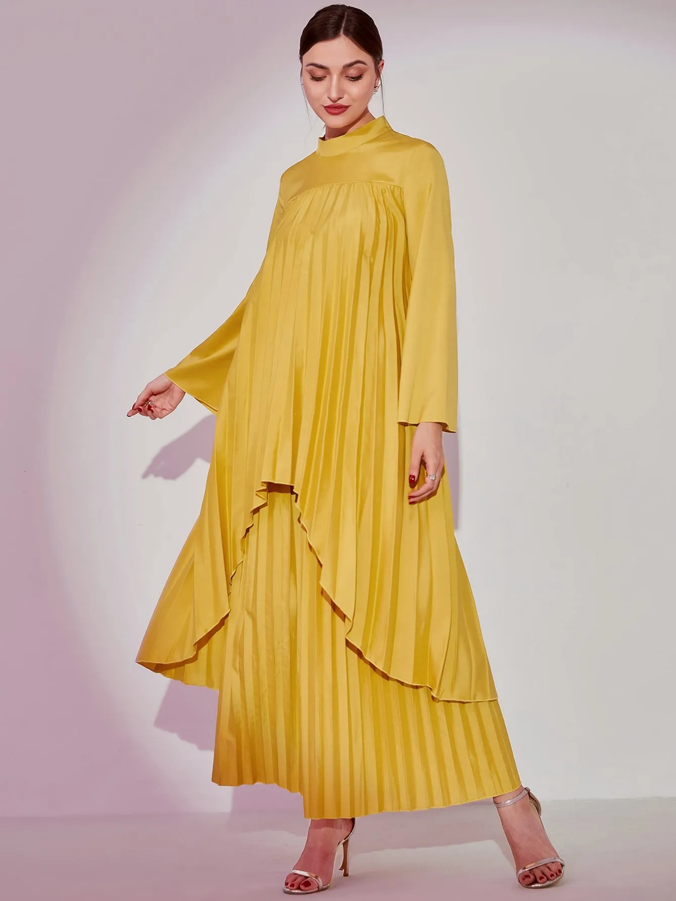 Mock Neck Asymmetrical Hem Top & Pleated Skirt Set