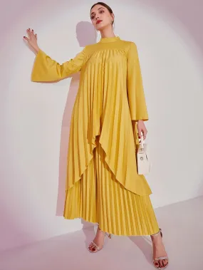 Mock Neck Asymmetrical Hem Top & Pleated Skirt Set