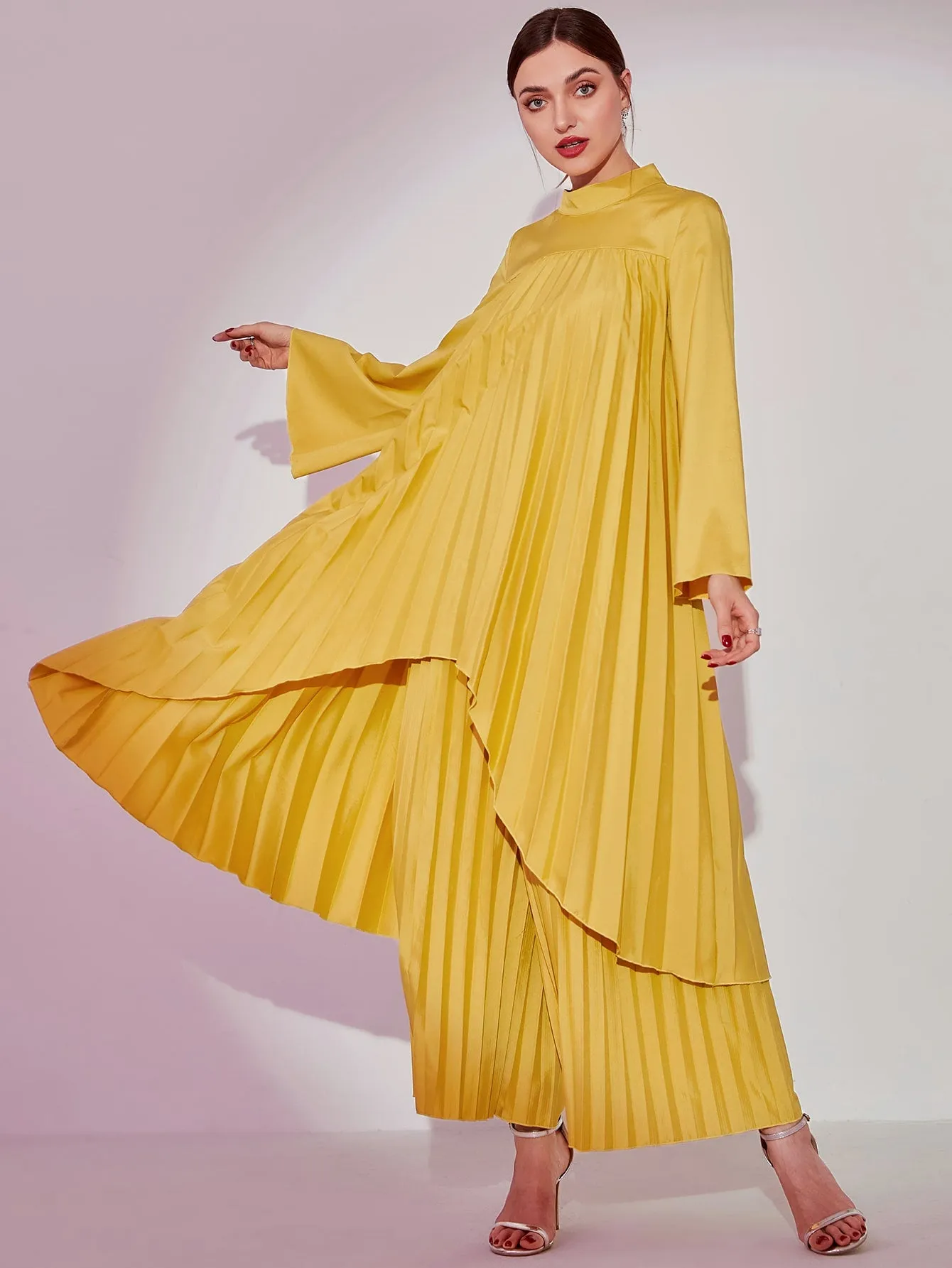 Mock Neck Asymmetrical Hem Top & Pleated Skirt Set