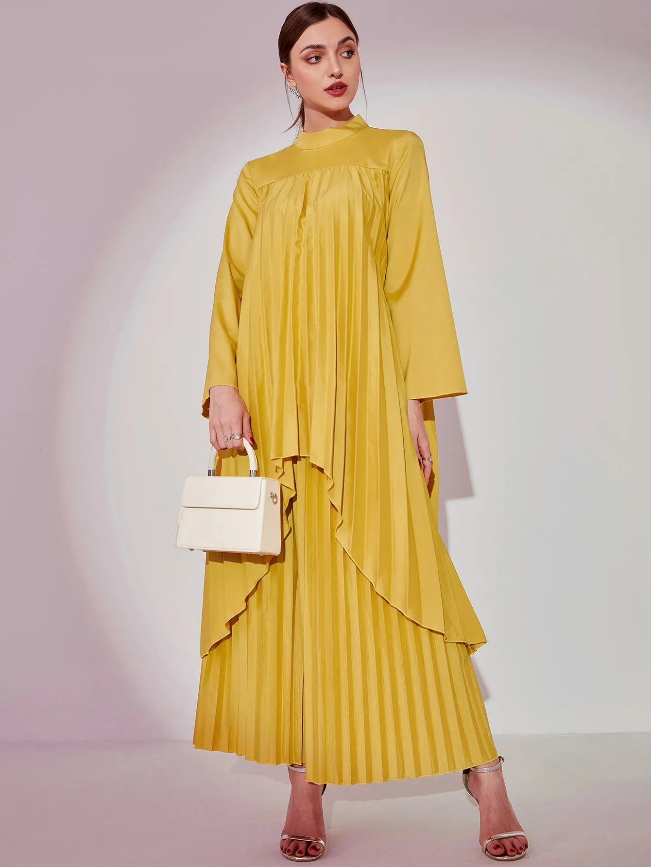 Mock Neck Asymmetrical Hem Top & Pleated Skirt Set