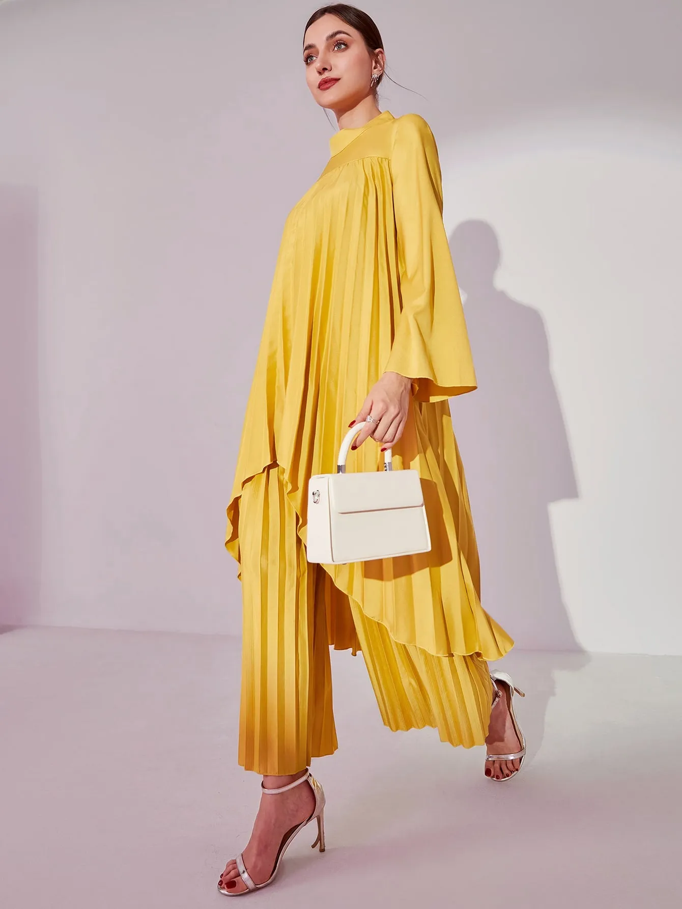 Mock Neck Asymmetrical Hem Top & Pleated Skirt Set