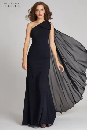 One Shoulder Scuba Gown With Chiffon Cape