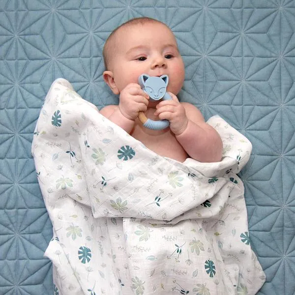 Organic Muslin Swaddle Wrap & Teether Gift Set in Banana Leaf / Teal