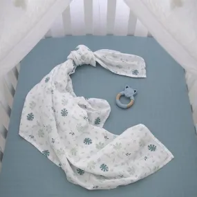 Organic Muslin Swaddle Wrap & Teether Gift Set in Banana Leaf / Teal