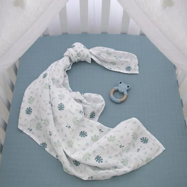 Organic Muslin Swaddle Wrap & Teether Gift Set in Banana Leaf / Teal