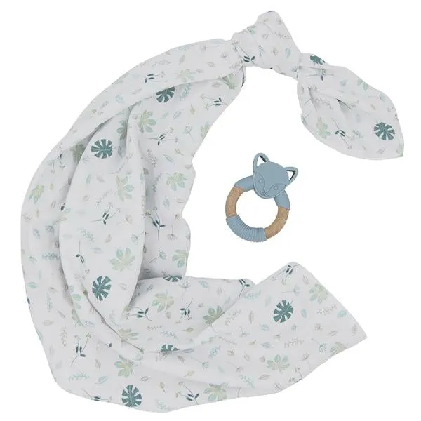 Organic Muslin Swaddle Wrap & Teether Gift Set in Banana Leaf / Teal