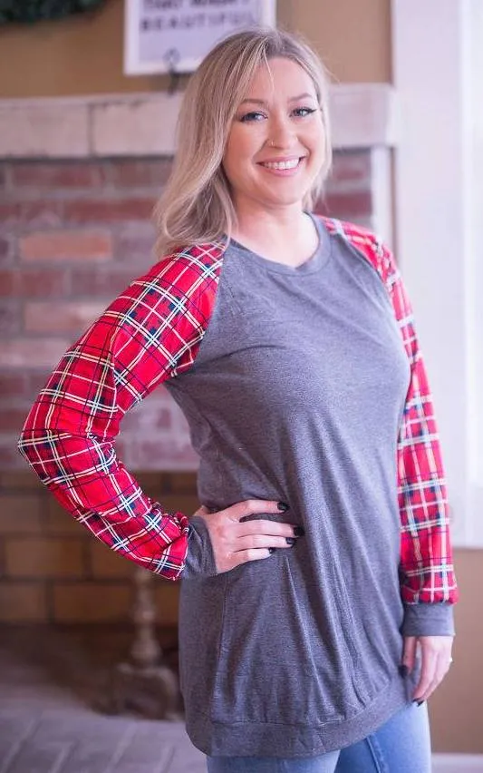 Plaid Raglan Top, Grey