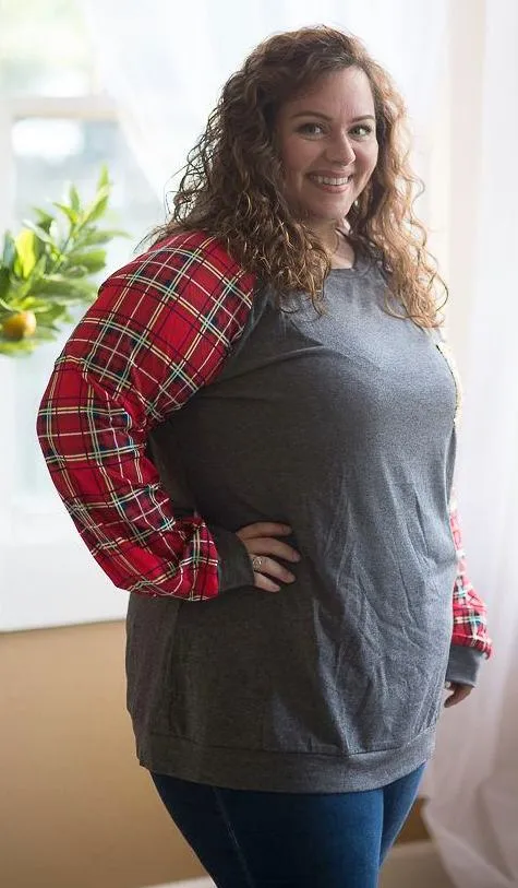 Plaid Raglan Top, Grey