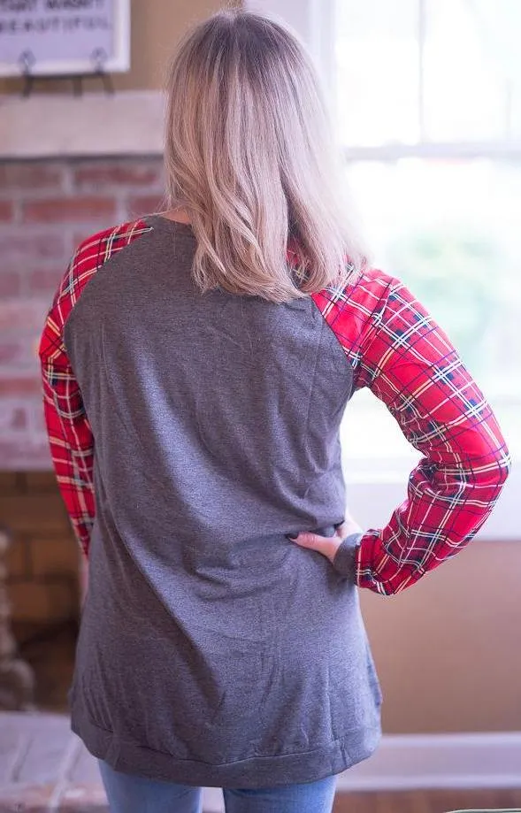 Plaid Raglan Top, Grey