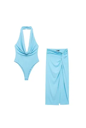 ‘Polina’ Pleated Halter Jumpsuit & Skirt Set (Sold Separately)