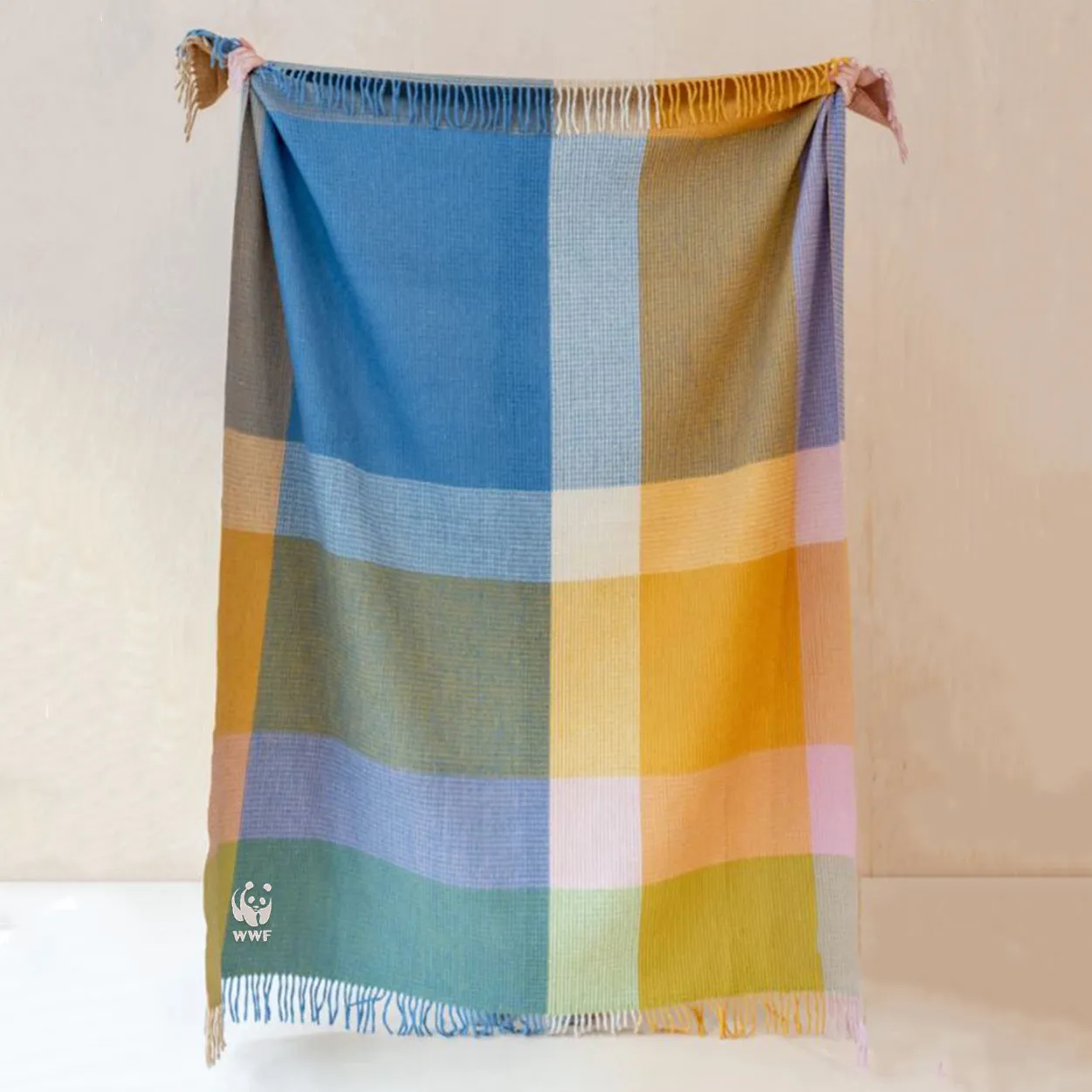 Recycled Wool Large Waffle Blanket - Cobalt Block Check