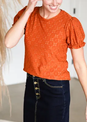 Rust Puff Sleeve Eyelet Top - FINAL SALE