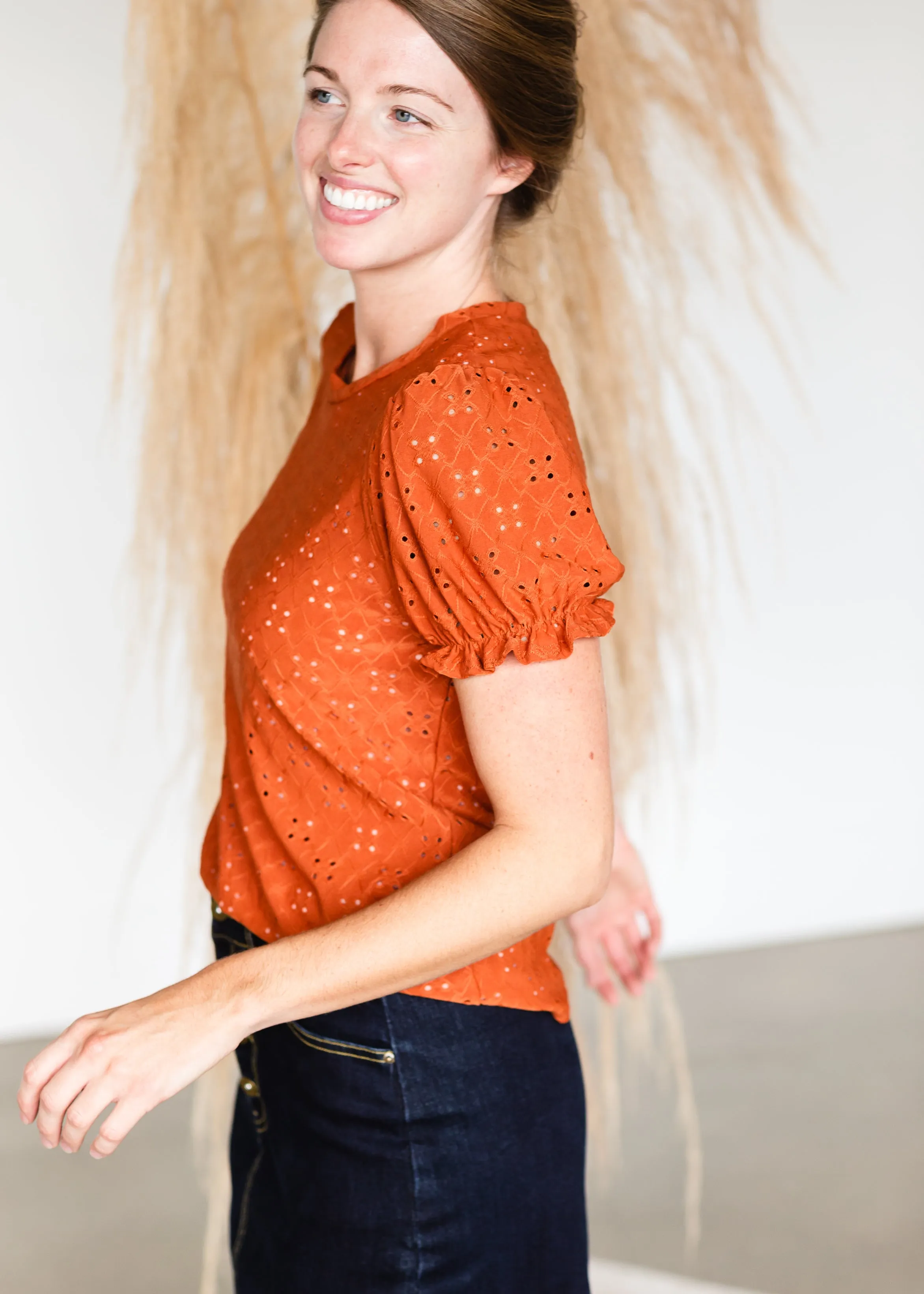 Rust Puff Sleeve Eyelet Top - FINAL SALE