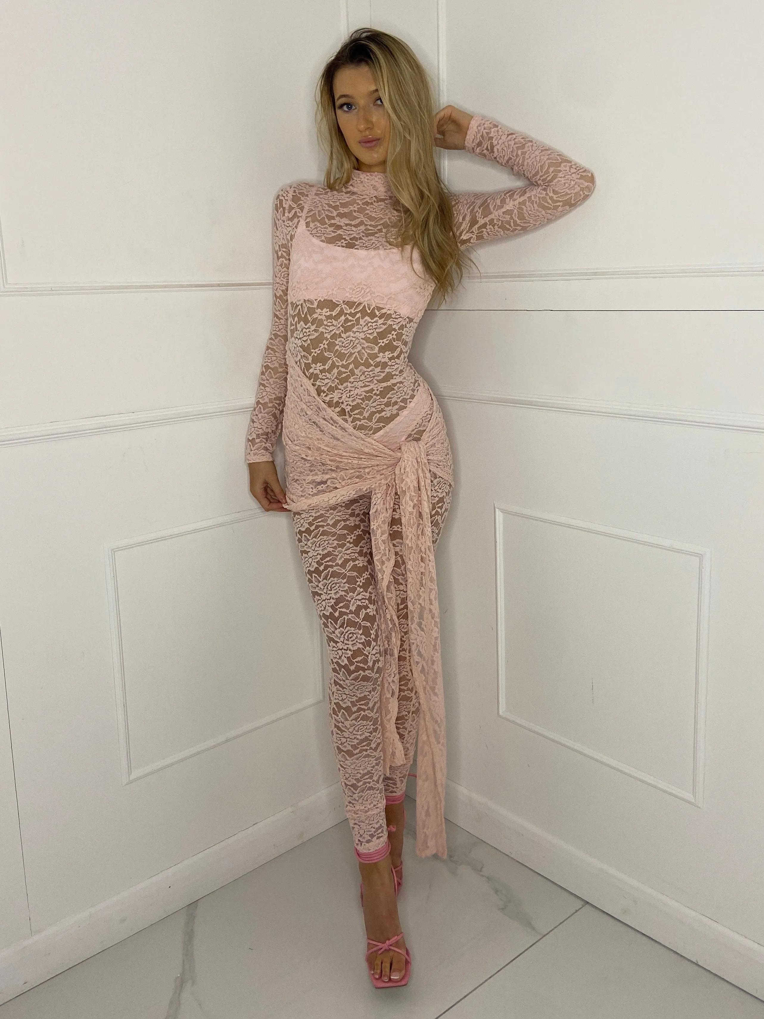 Sash Skirt Overlay Detail Lace Jumpsuit - Baby Pink