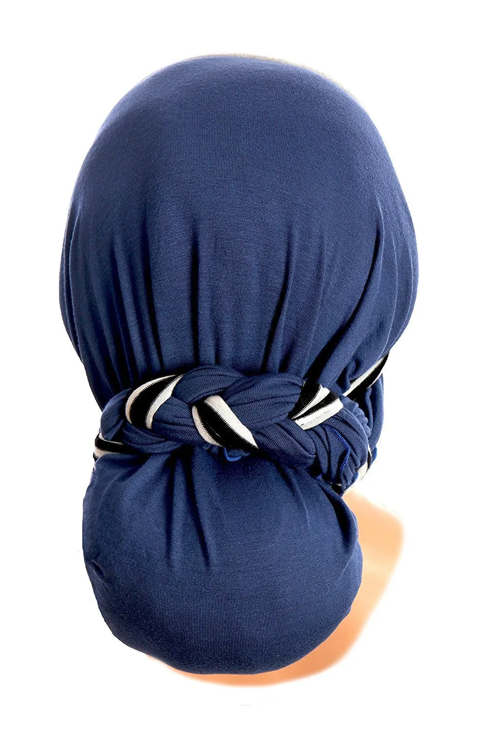 ShariRose Pre Tied Bandana Head Scarf Tichel Lightweight Long Cotton Stripe Wrap (Navy w/ stripe long)