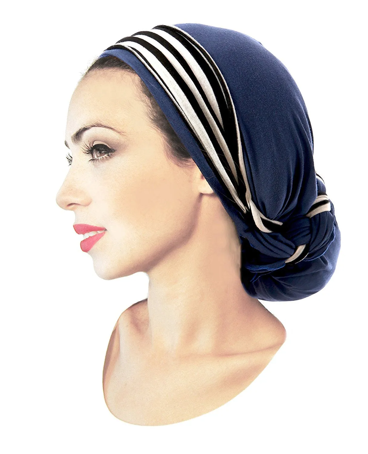 ShariRose Pre Tied Bandana Head Scarf Tichel Lightweight Long Cotton Stripe Wrap (Navy w/ stripe long)
