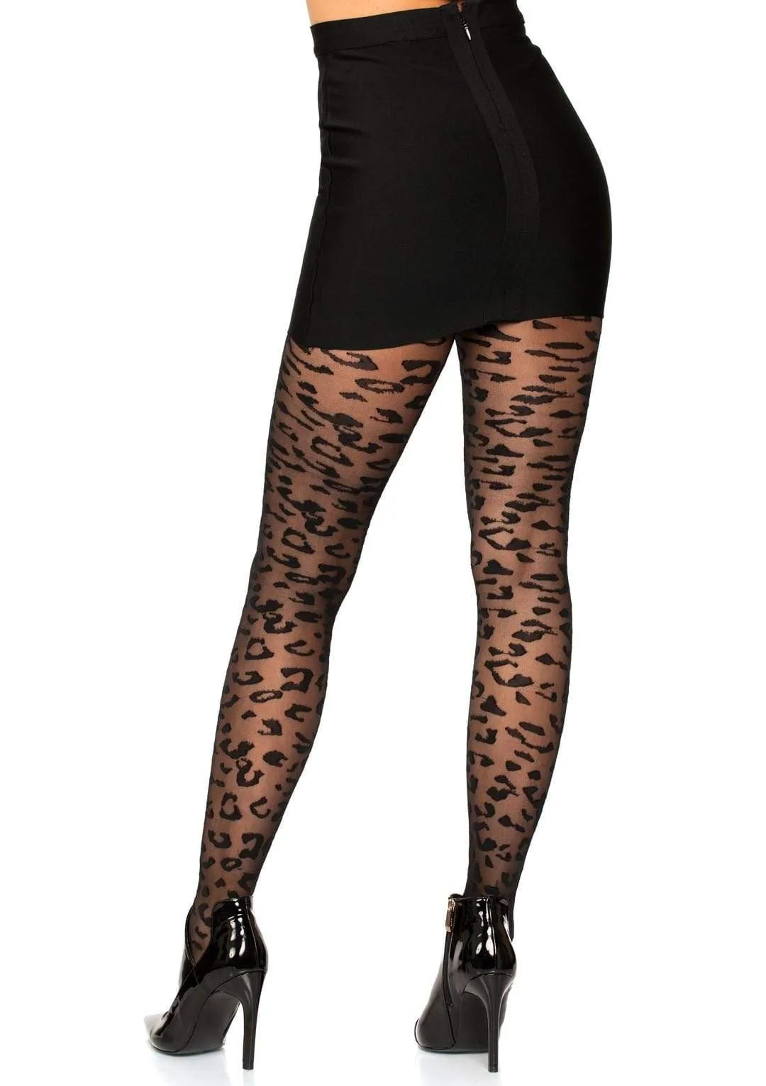 Sheer Black Leopard Print Pantyhose