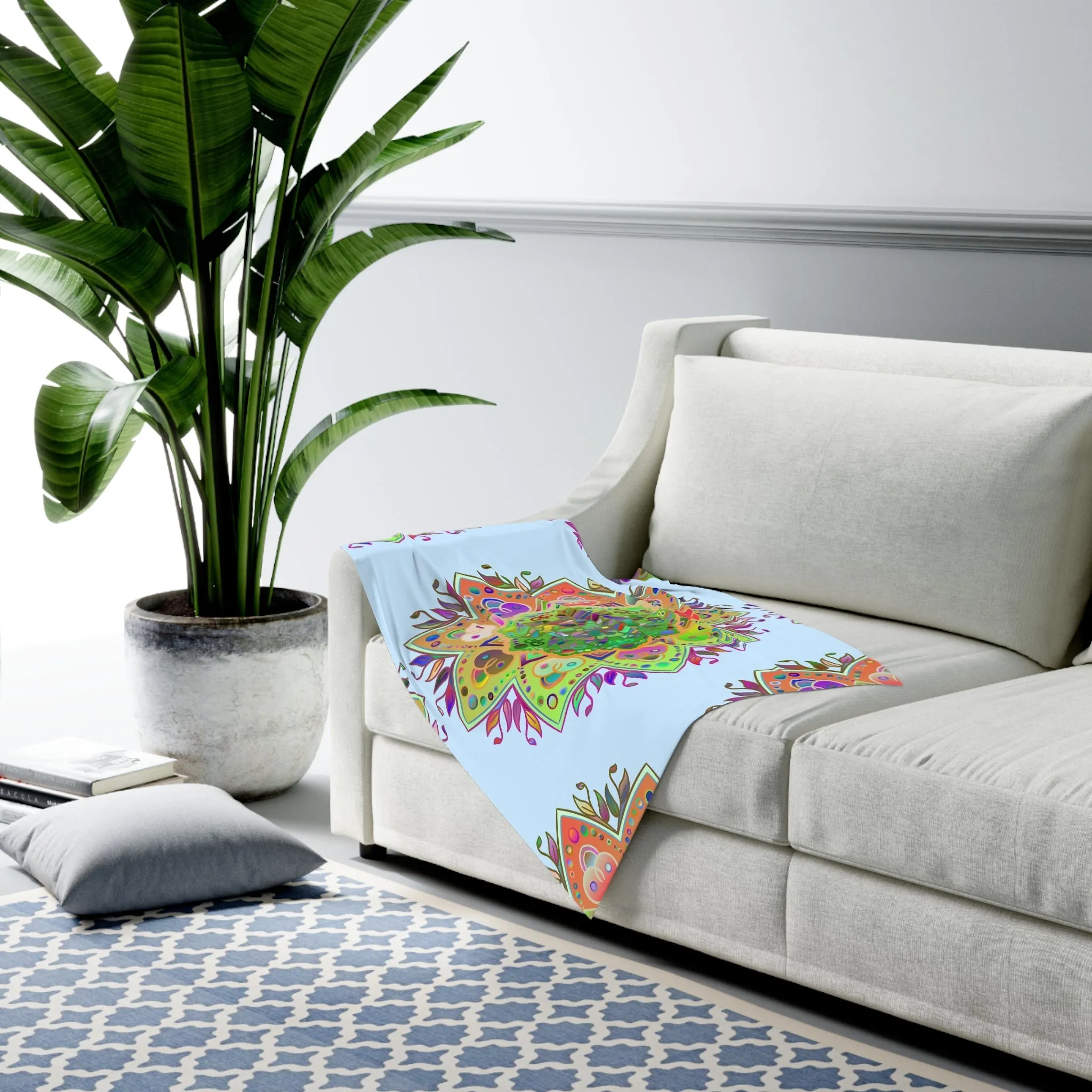Soft Jersey Polyester Light Blue Mandala Art Blanket