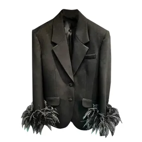 Solid Patchwork Pockets Blazers For Women Notched Collar Long Sleeves Spliced Feathers Elegant Blazer Female