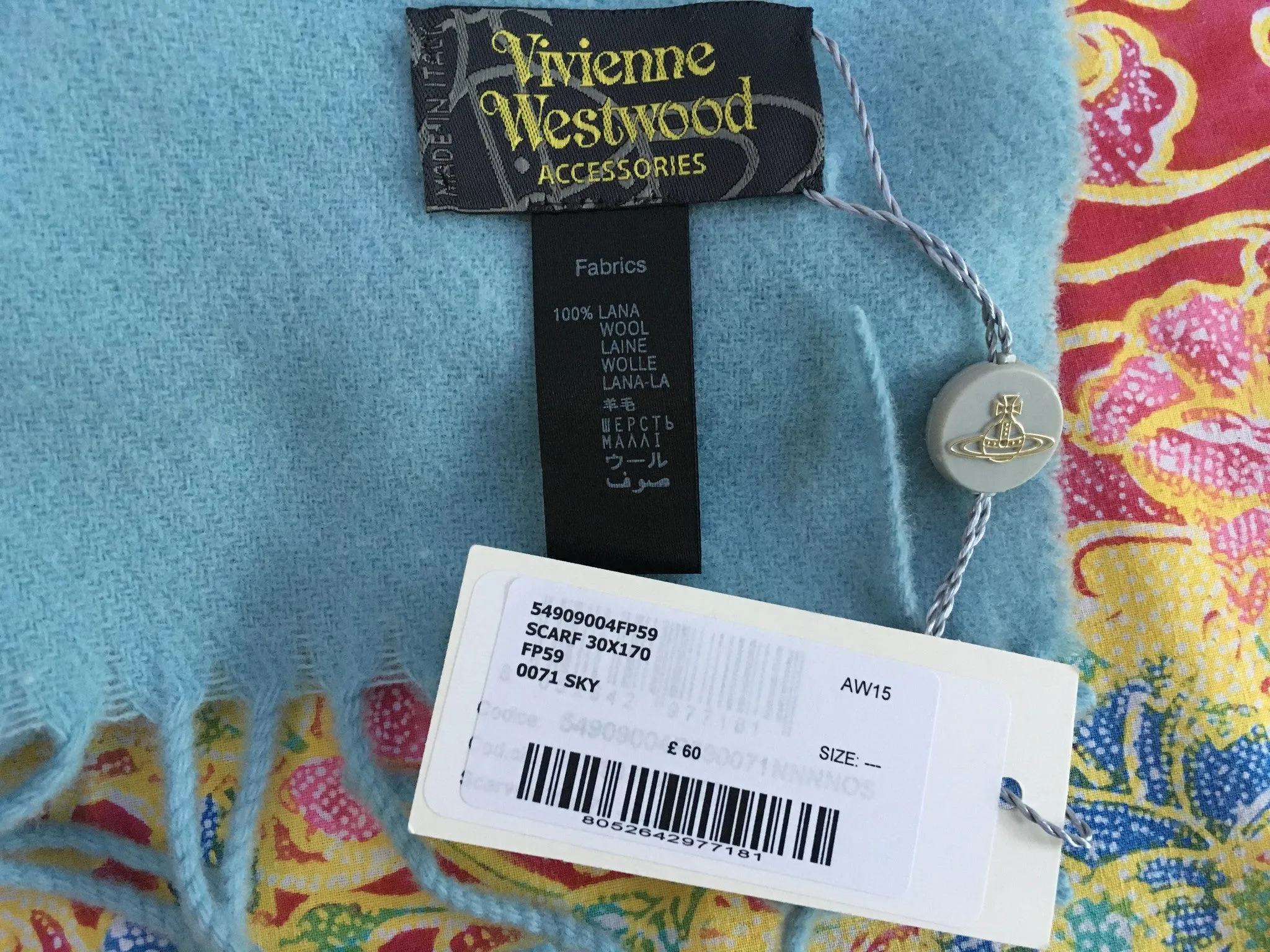 VIVIENNE WESTWOOD SKY BLUE BRUSHED WOOL SCARF unisex ladies men