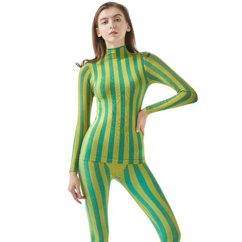 Wenkouban 1980s fashion trends Nylon Seamless Knitted Color Striped Sweater Pants Suit Yoga Clothes